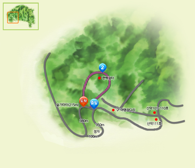 산책로3코스 : 출발 숲가마터(215m) → 2. 편백쉼터 → 도착 숲가마터(215m)