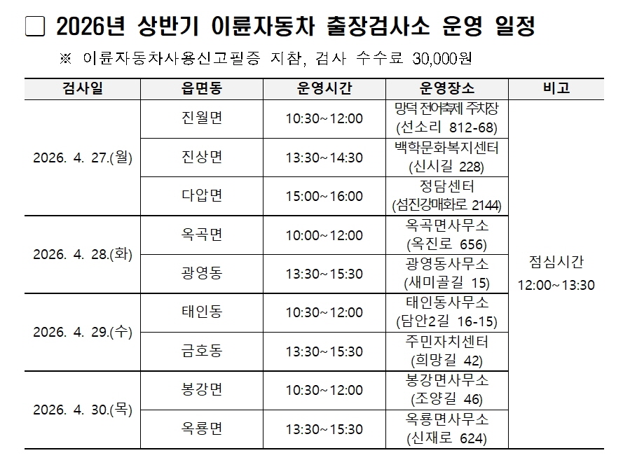 광양시, 검사소 없는 지역 주민 위해 4월 말 이륜차 출장검사 실시