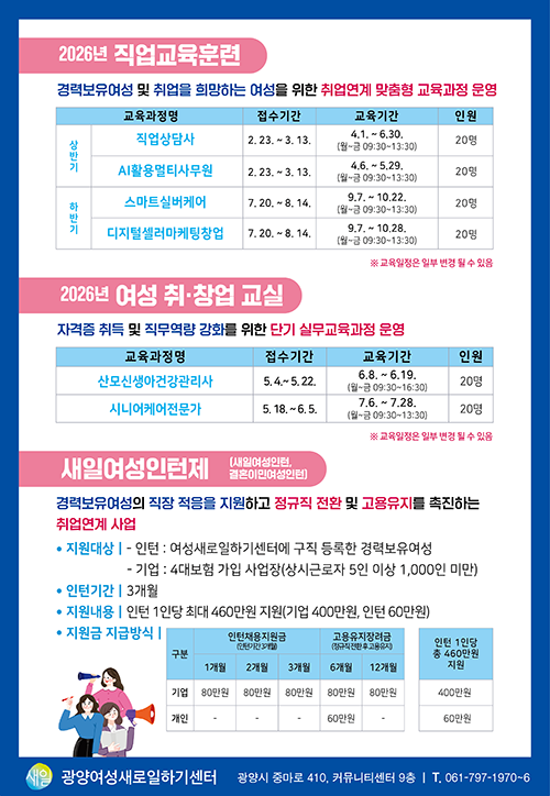 2026년 직업교육훈련경력보유여성 및 취업을 희망하는 엿어을 위한 취업연계 맞춤형 교육과정 운영2026년 여성 취창업 교실자격증 취득 및 직무역량 강화를 위한 단기 실무교육과정 운영새일여성인턴제경력보유여성의 직장 적응을 지원하고 정규직 전환 및 고용유지를 촉진하는 취업연계사업
