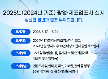 2025년(2024년 기준) 광업·제조업조사 실시             「성실한 답변과 협조 부탁드립니다.」◦ 조사기간: 2025. 6. 17. ~ 7. 21.◦ 조사대상: 2024년 1개월 이상의 조업실적이 있고, 2024년 말 종사자 수 10인 이상의 관내 광업·제조업체◦ 조사항목: 13개 항목(영업비용, 종사자 수 및 연간급여액 매출액 및 수입액 등)◦ 조사방법: 면접조사 및 인터넷, 팩스, 이메일, 전화 등 병행                             (주관)통계청 (실시) 전라남도·광양시