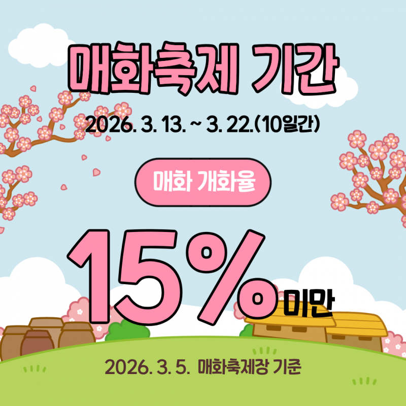 매화축제기간 26.3.13~3.22.(10일간)매화개화율 15%미만2026.3.5. 매화축제장 기준