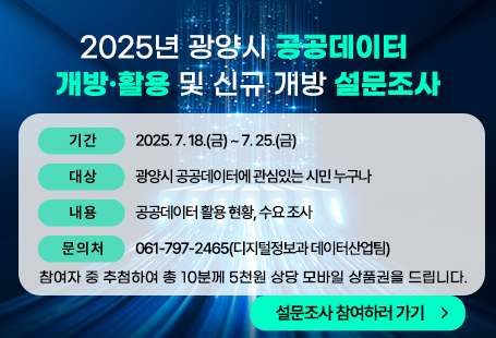2025년 광양시 공공데이터 개방·활용 및 신규 개방 설문조사∙ 기 간 : 2025. 7. 18.(금) ~ 7. 25.(금)∙ 대 상 : 광양시 공공데이터에 관심있는 시민 누구나∙ 내 용 : 공공데이터 활용 현황, 수요 조사∙ 문 의 처 : 061-797-2465(디지털정보과 데이터산업팀)참여자 중 추첨하여 총 10분께 5천원 상당 모바일 상품권을 드립니다.       설문조사 참여하러 가기