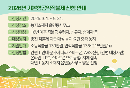 2026년 기본형공익직불제 신청 안내 1. 신청기간: 2026. 3. 1. ~ 5. 31. 2. 신청장소: 농지소재지 읍면동사무소 3. 신청대상: 16년 이후 직불금 수령자, 신규자, 승계자 등  4. 대상농지: 종전 직불제 지급 대상 농지 요건 충촉 농지 5. 지원단가: 소농직불금 130만원, 면적직불금 136~215만원/ha 6. 신청방법   (간  편) 안내 문자에 따라 스마트폰, ARS 신청 (간편 대상자만)  (온라인) PC, 스마트폰으로 농업e지에 접속  (대  면) 농지 소재지 읍면동사무소 방문 신청