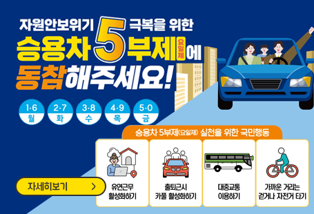 자원안보위기 극복을 위한 승용차 5부제(요일제)에 동참해주세요!1,6 월 / 2,7 화 / 3,8 수 / 4,9 목 / 5,0 금승용차 5부제(요일제) 실천을 위한 국민행동유연근무 활성화하기, 출퇴근시 카풀 활성화하기, 대중교통 이용하기, 가까운 거리는 걷기나 자전거 타기