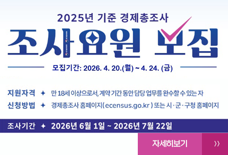 2025년 기준 경제총조사 조사요워너 모집모집기간 : 2026.4.20.(월)~4.24.3(금)지원자격 : 만18세 이상으로서, 계약기간 동안 담당 업무를 완수할 수 있는 자신청방법 : 경제총조사 홈페이지("ecensus.go.kr) 또는 시군구청 홈페이지조사기간 : 2026년 6월 1일 ~ 2026년 7월 22일자세히보기
