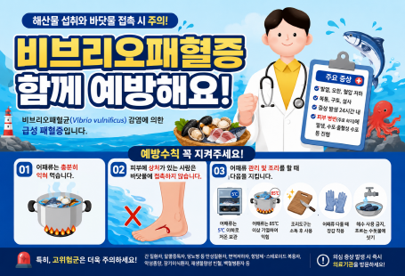 해산물 섭취와 바닷물 접촉 시 주의!비브리오패혈증 함께 예방해요!비브리오패혈균(Vibrio vulnificus) 감염에 의한급성 패혈증입니다.주요 증상발열, 오한, 혈압 저하복통, 구토, 설사출혈성 수포가 피부 병변으로 확대패혈증으로 진행 시 사망할 수 있음예방수칙 꼭 지켜주세요!01어패류는 충분히 익혀 먹습니다.02피부에 상처가 있는 사람은바닷물에 접촉하지 않습니다.03어패류 관리 및 조리를 할 때다음을 지킵니다.어패류는 5℃ 이하로 저온 보관어패류는 85℃ 이상 가열 처리조리도구는 소독 후 사용어패류 다룰 때 장갑 착용해수 사용 금지특히, 고위험군은 더욱 주의하세요!고위험군: 간질환자, 알코올 중독자, 당뇨병 등 만성질환자, 부신피질호르몬제나 항암제를 복용 중인 사람 등의심 증상 발생 시 즉시 의료기관을 방문하세요.