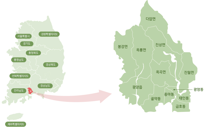 광양시 지도. 대한민국 전라남도에 위치하고 있습니다.
